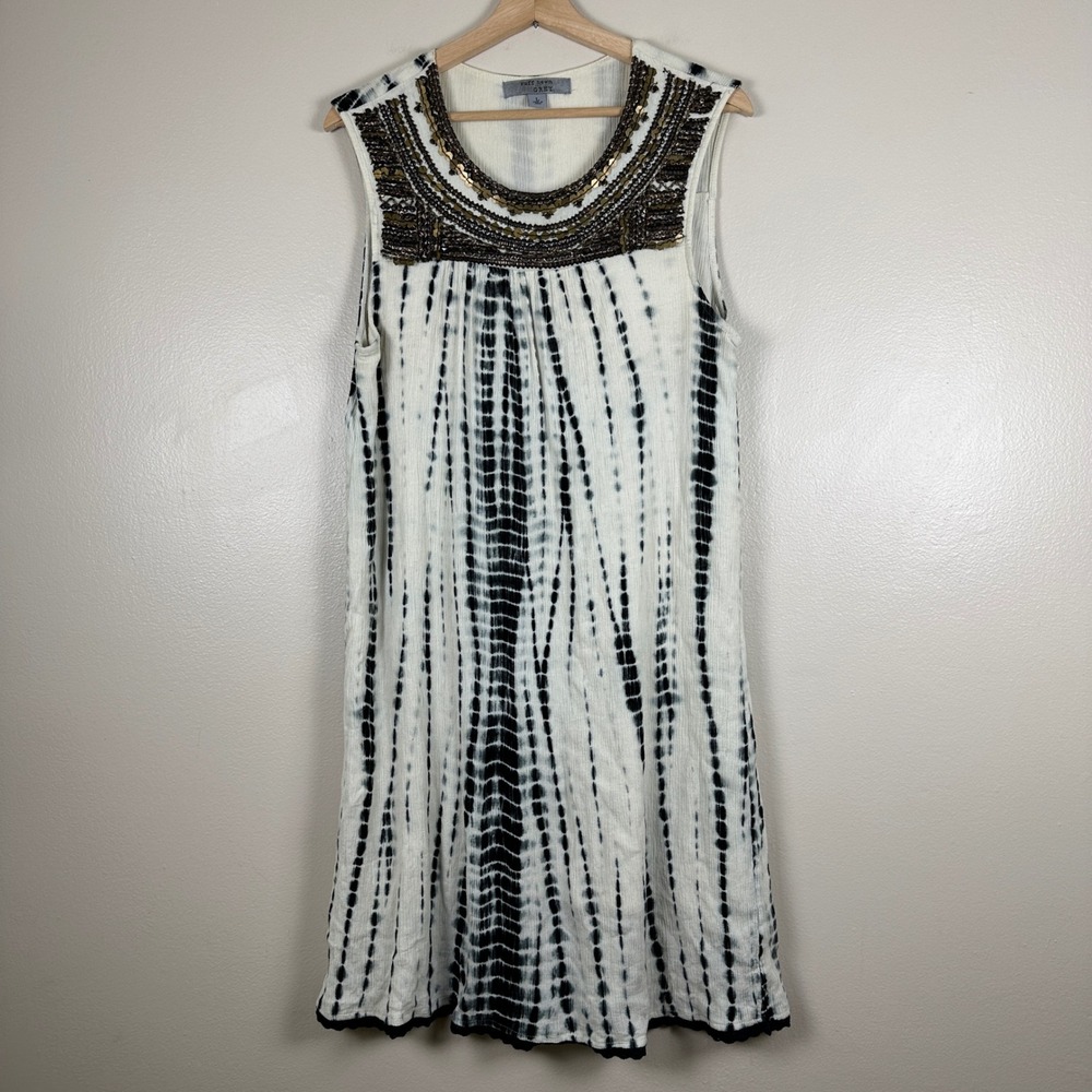 Ruff Hewn Women's Large Dress White Black Tie Dye Beaded‎ Sequin Boho Sleeveless